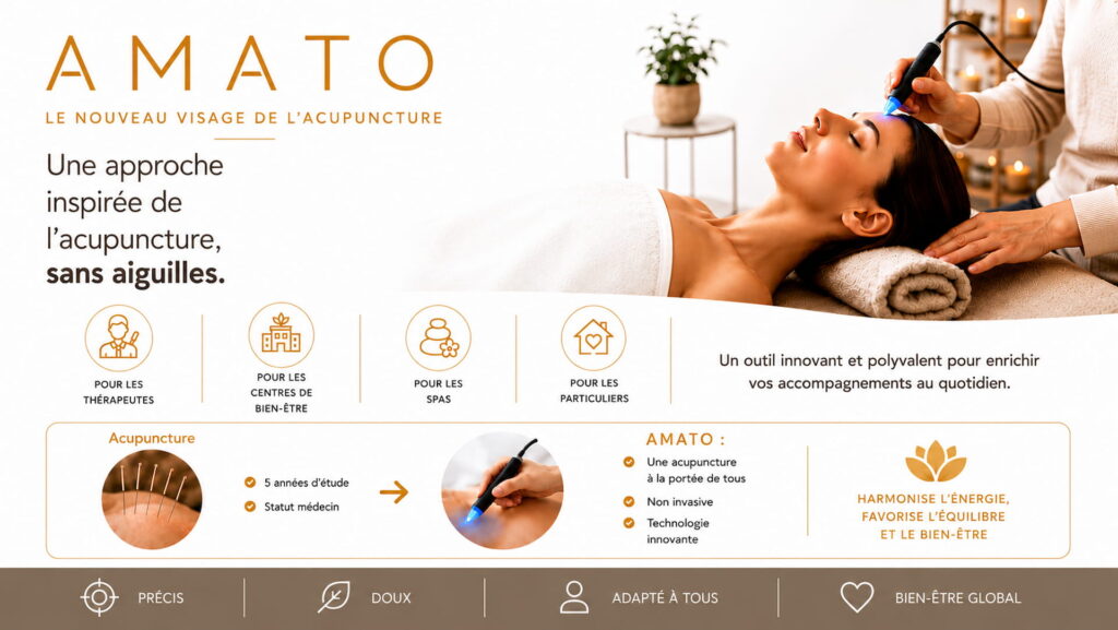 Séance de bien-être avec l’appareil d’acupuncture électronique sans aiguilles AMATO utilisant un stylet de stimulation lumineuse bleue dans une approche moderne et non invasive.