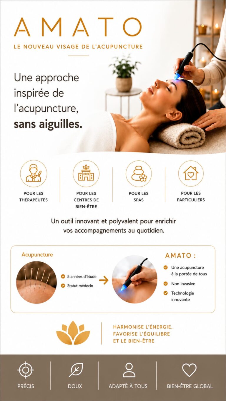 Séance de bien-être avec l’appareil d’acupuncture électronique sans aiguilles AMATO utilisant un stylet de stimulation lumineuse bleue dans une approche moderne et non invasive.